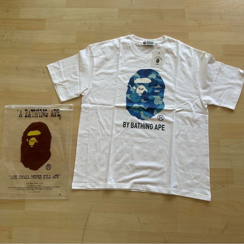 Bape White Tee with Blue Camo Ape Logo